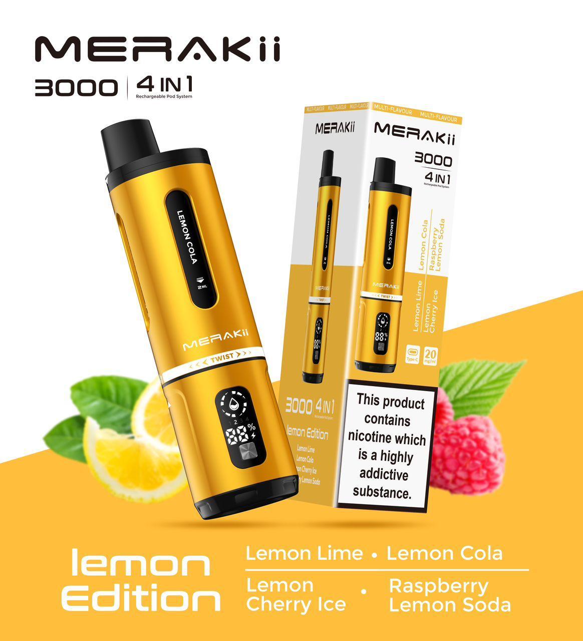 Merakii 3000 Puffs Disposable Vape 4 in 1 Pod System Kit Box of 5