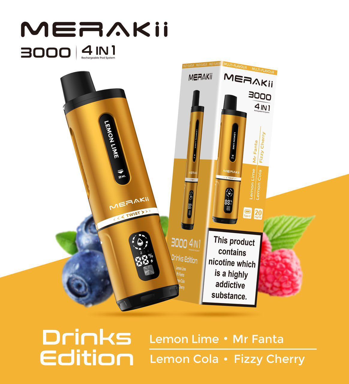 Merakii 3000 Puffs Disposable Vape 4 in 1 Pod System Kit Box of 5