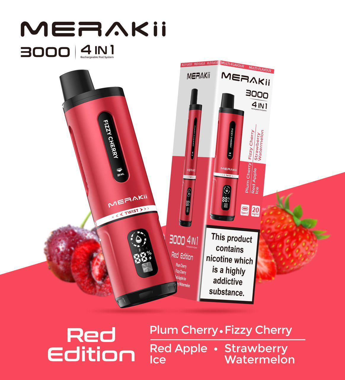 Merakii 3000 Puffs Disposable Vape 4 in 1 Pod System Kit Box of 5